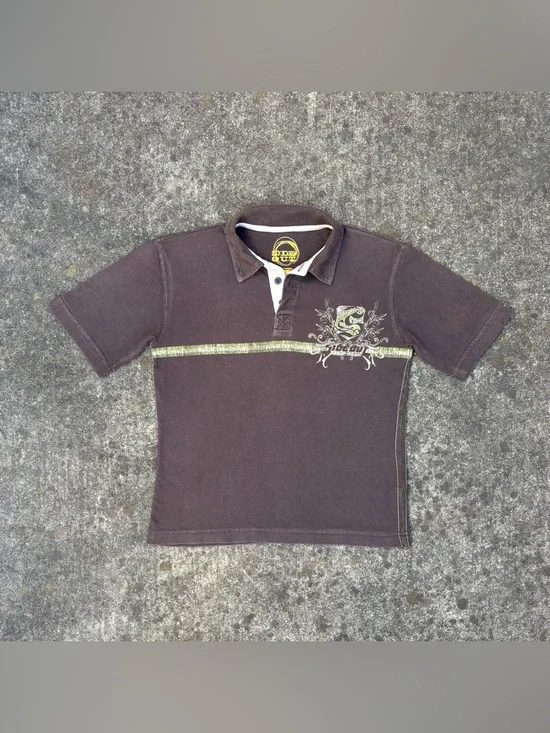 Y2K Sideout Boys Large Polo Shirt Brown Graphic Skate Surf Grunge Collared Tee - Picture 1 of 5